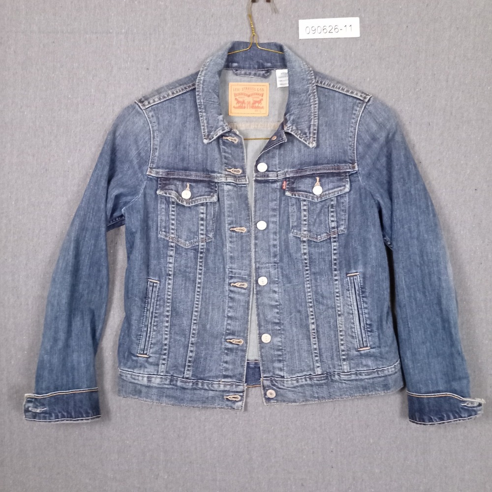 Levis Women Medium Wash Denim Trucker Jacket Size L Blue Button Front Coat